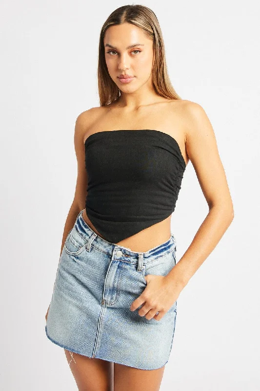 Relaxed Style Deals Black Scarf Top Boob Tube Shirred Back Linen Blend