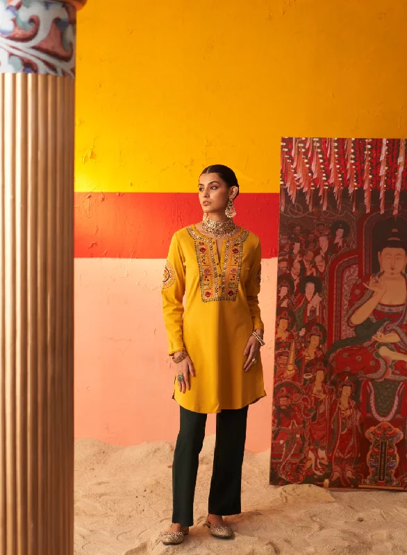 Seasonal Fashion Mustard Embroidered Woollen Kurti for Women with Mirror Work