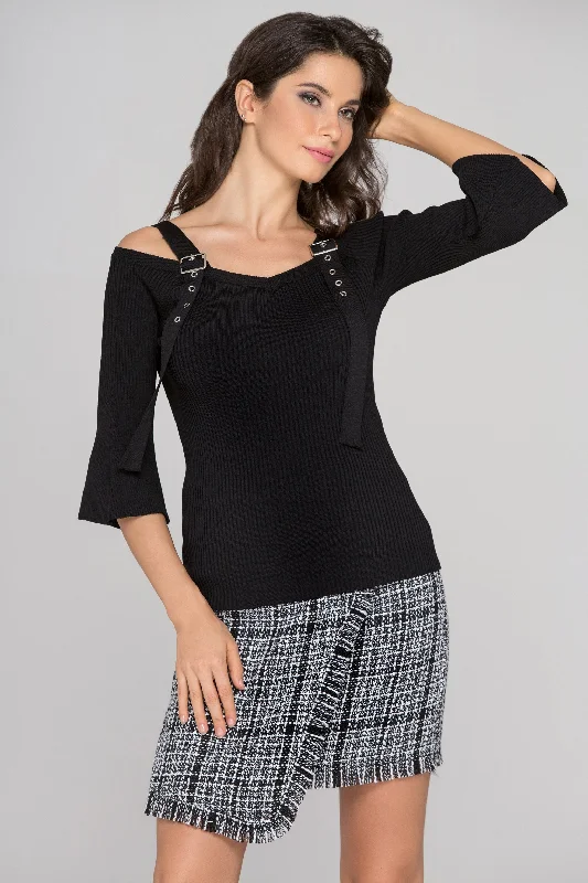 Sophisticated Style Offers Black Knit Flare Sleeve Belt Strap Top
