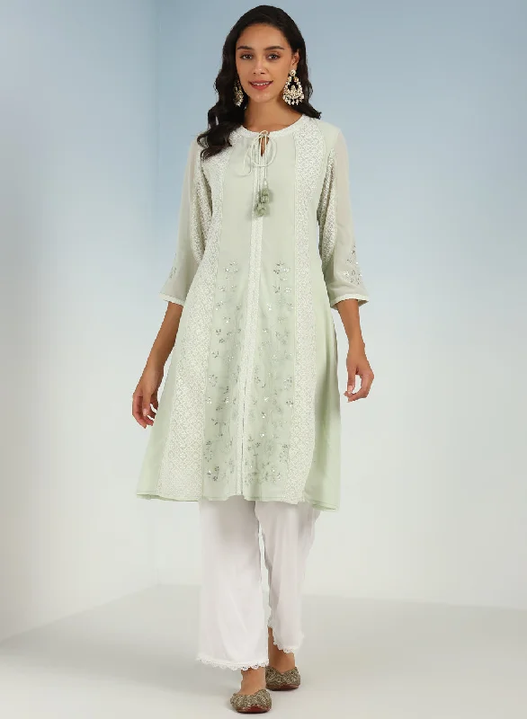 Romantic Fashion Discounts Tea Green Embroidered A-line Kurta for Women