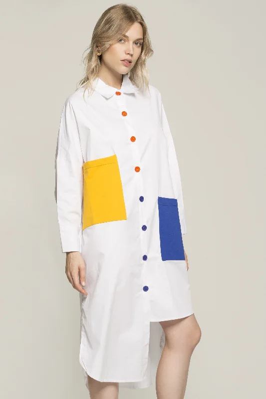 Holiday Glam White Solid Asymmetrical Cut Colorful Pockets Long Shirt