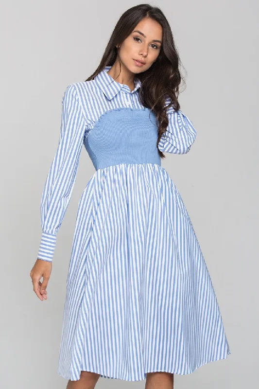 Comfort Meets Fashion Blue Stripe Knit Panel Midi Shirt Dress