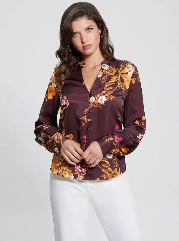 Unleash Your Fashion Eco Maroon Floral Rita Satin Shirt