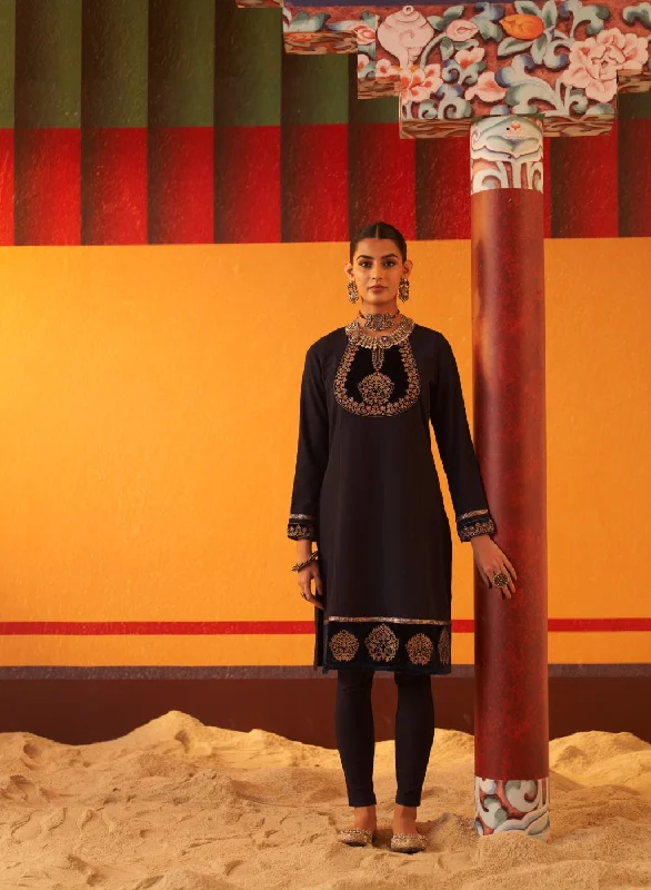 Limited Stock, Big Sale Dark Blue Women’s Woollen Kurti with Embroidered Yoke and Button Detailing on Cuffs