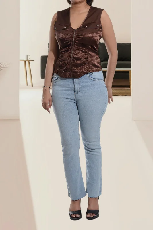Chic And Trendy Ladies Brown Satin Top