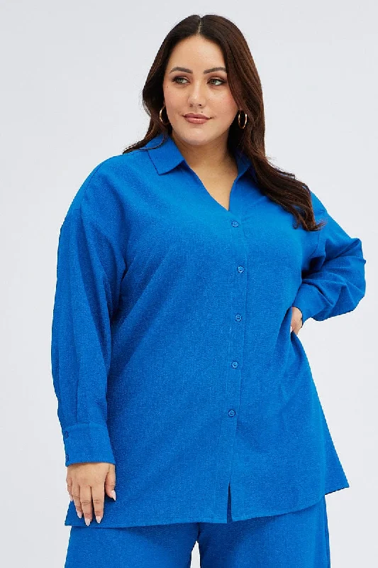 Fashionista Favorites Blue Textured Shirt Crinkle Button Through Oversized