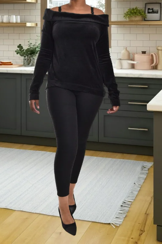 Imeless Style Black Off Shoulder Velour Top