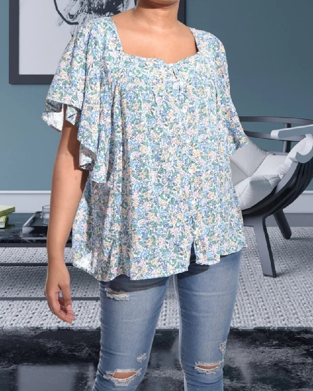 Chic Style, Always In Vogue Blue Floral Ruffle Sleeve Top