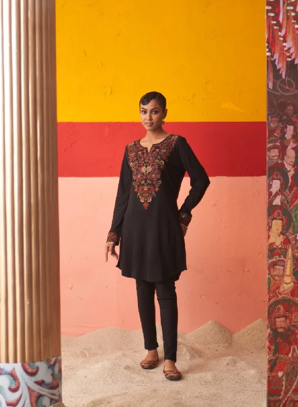 Premium Fashion Midnight Black Embroidered Woollen Kurti for Women