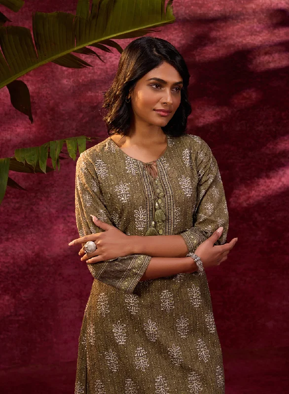 Catch Every Fashion Trend Afreen Olive Embroidered Cotton Designer Kurta