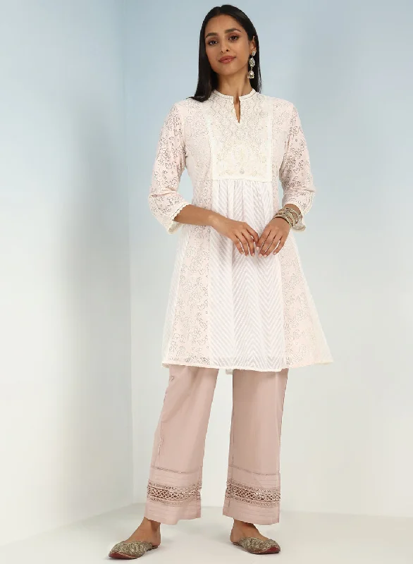 Fashionista Sale Pink schiffli A-Line Kurta with Yoke Sequins Work