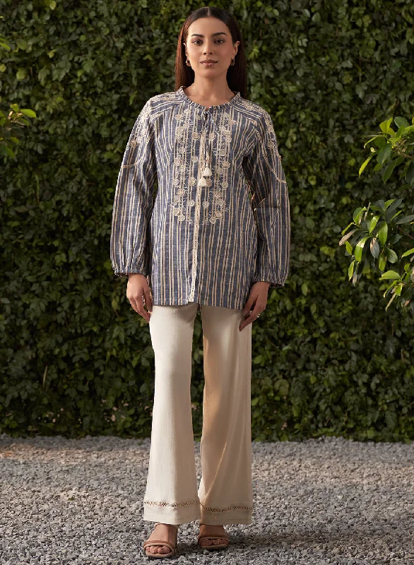 End Of Season Sale Orvana Blue Embroidered Cotton Linen Top for Women