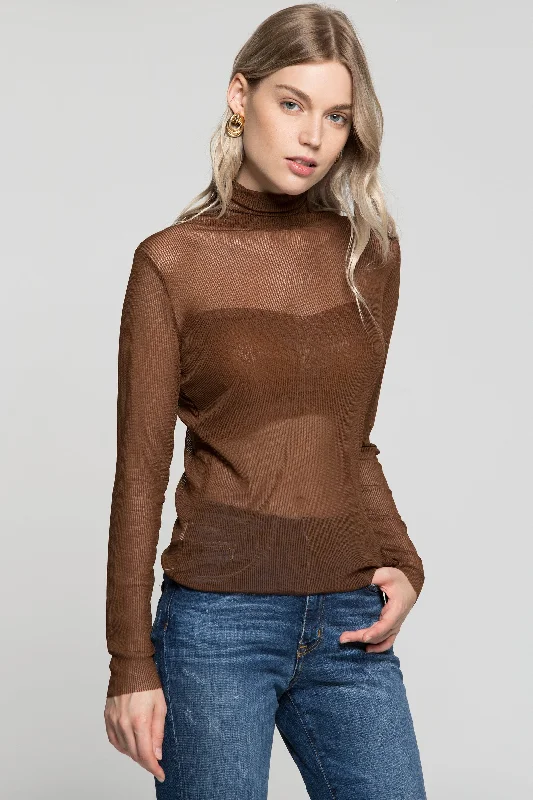 Catch Every Fashion Trend Brown Sheer Turtle Neck Ribbed Top