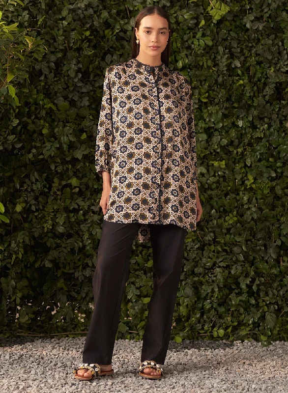 You'll Love Us Because Lisa Navy Blue Printed Satin A-line Shirt for Women