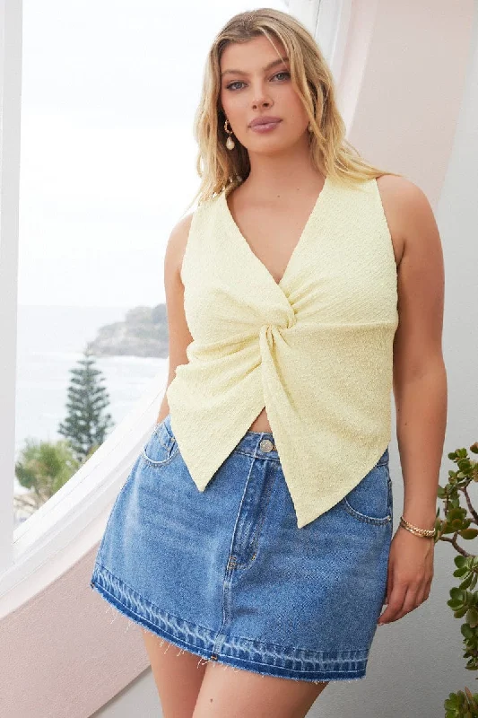 Hot Brand Discounts Yellow Textured Top Twist Sleeveless