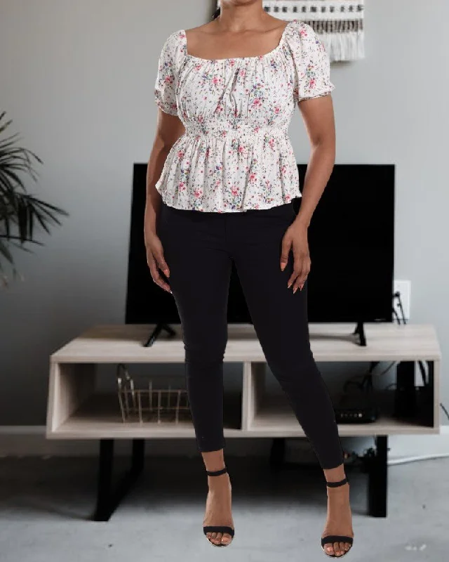 Stylish Looks White Floral Shirred Top