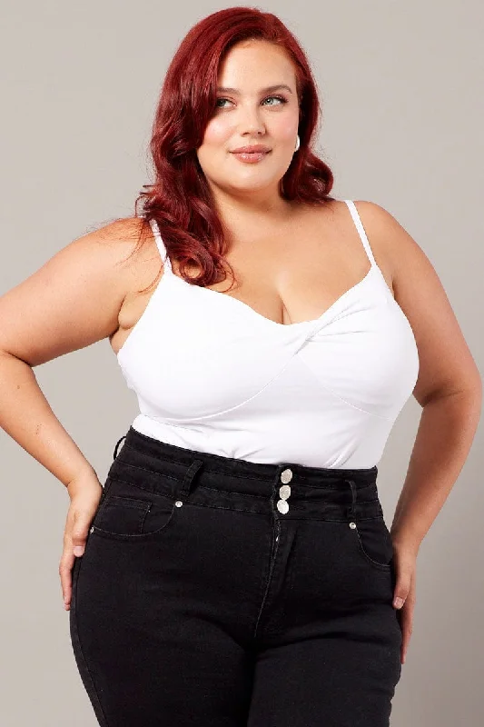 Daring Fashion Promotions White Singlet Top Twist Front Supersoft