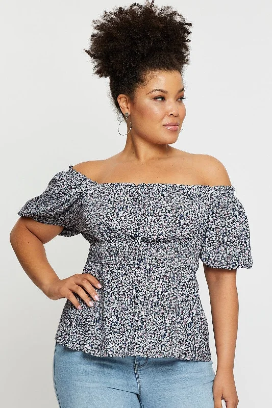 Fashion Sale Ditsy Print Plus Short Puff Sleeve Elasticated Waist Top