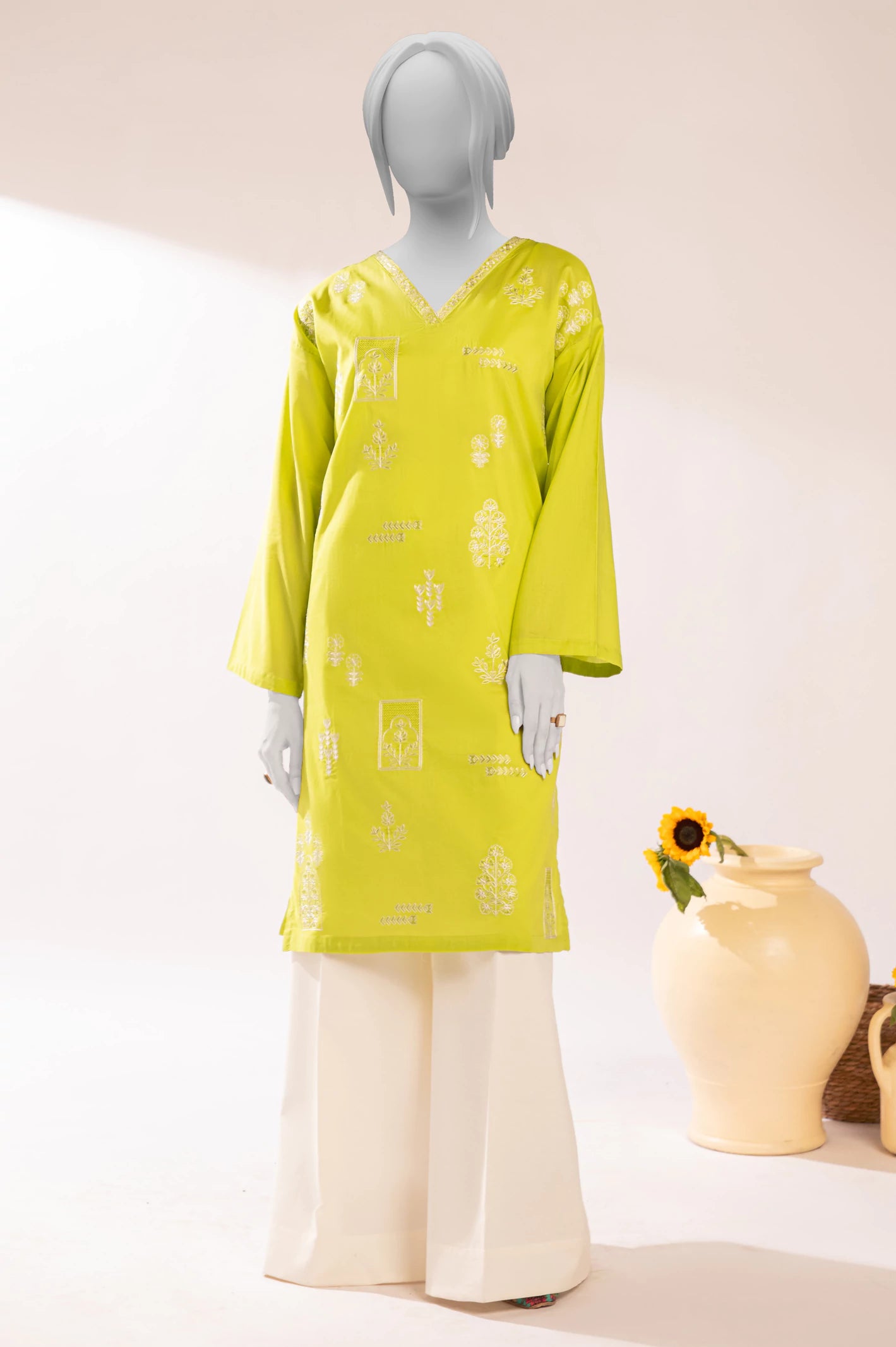 Laid-Back Fashion Offers Light Green Embroidered Kurti
