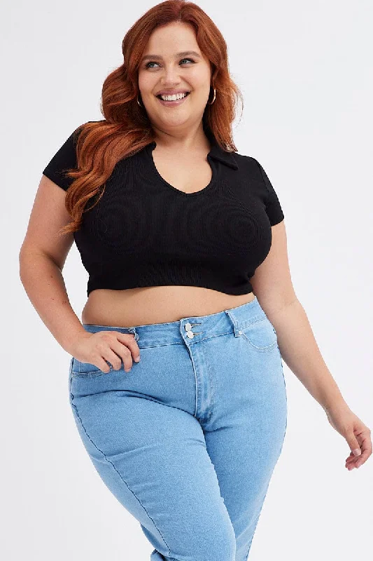 Romantic Fashion Discounts Black Polo Top V-neck Rib Jersey