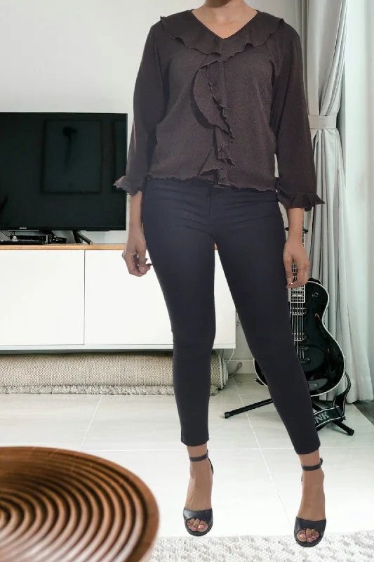 New Styles Just In Ladies Brown Front Frill Top