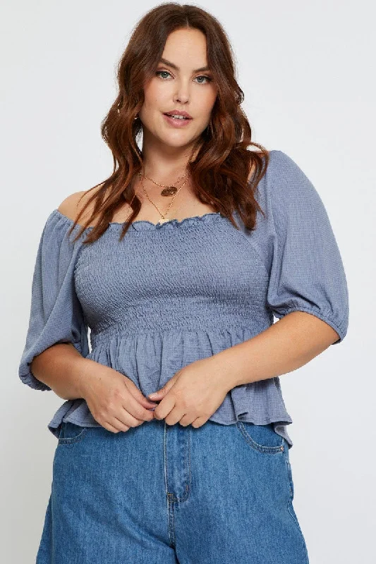 Find Your Unique Flair Blue Peplum Top Off The Shoulder Puff Sleeve Shirred