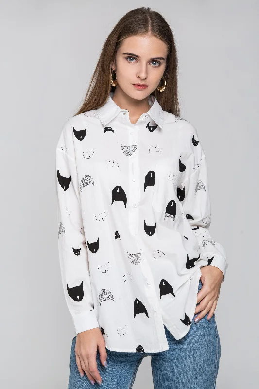 Luxury Fashion White Cat Print Sleeved Button Up Top