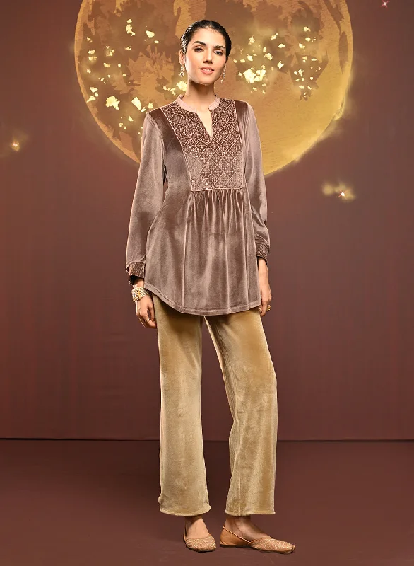 Quick Grab Deals Qainaat Beige Embroidered Velvet Top for Women