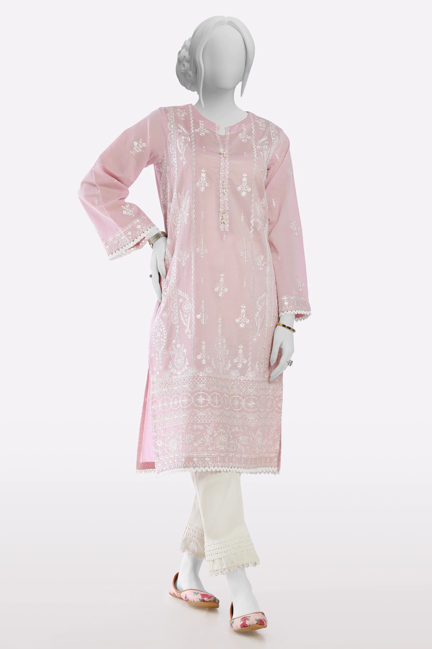 Unleash Your Trendy Side Light Pink Embroidered Kurti