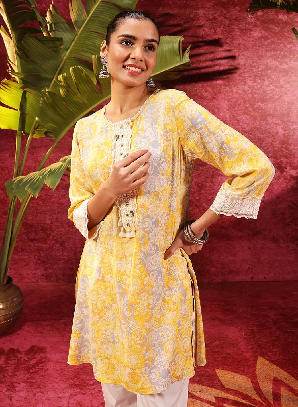 Trend Alert Rewa Bright Yellow Printed Viscose Rayon Kurti for Women