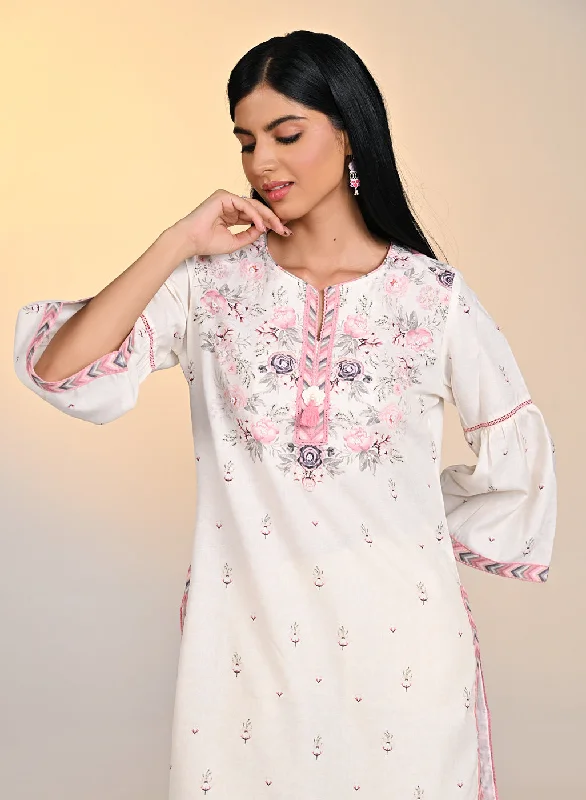 Comfortable Chic Gulshan Ivory with Green Printed Cotton Linen Kurta
for Women