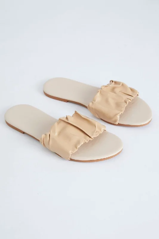 Urban Elegance Deals Beige Ruched Top Flat Sliders