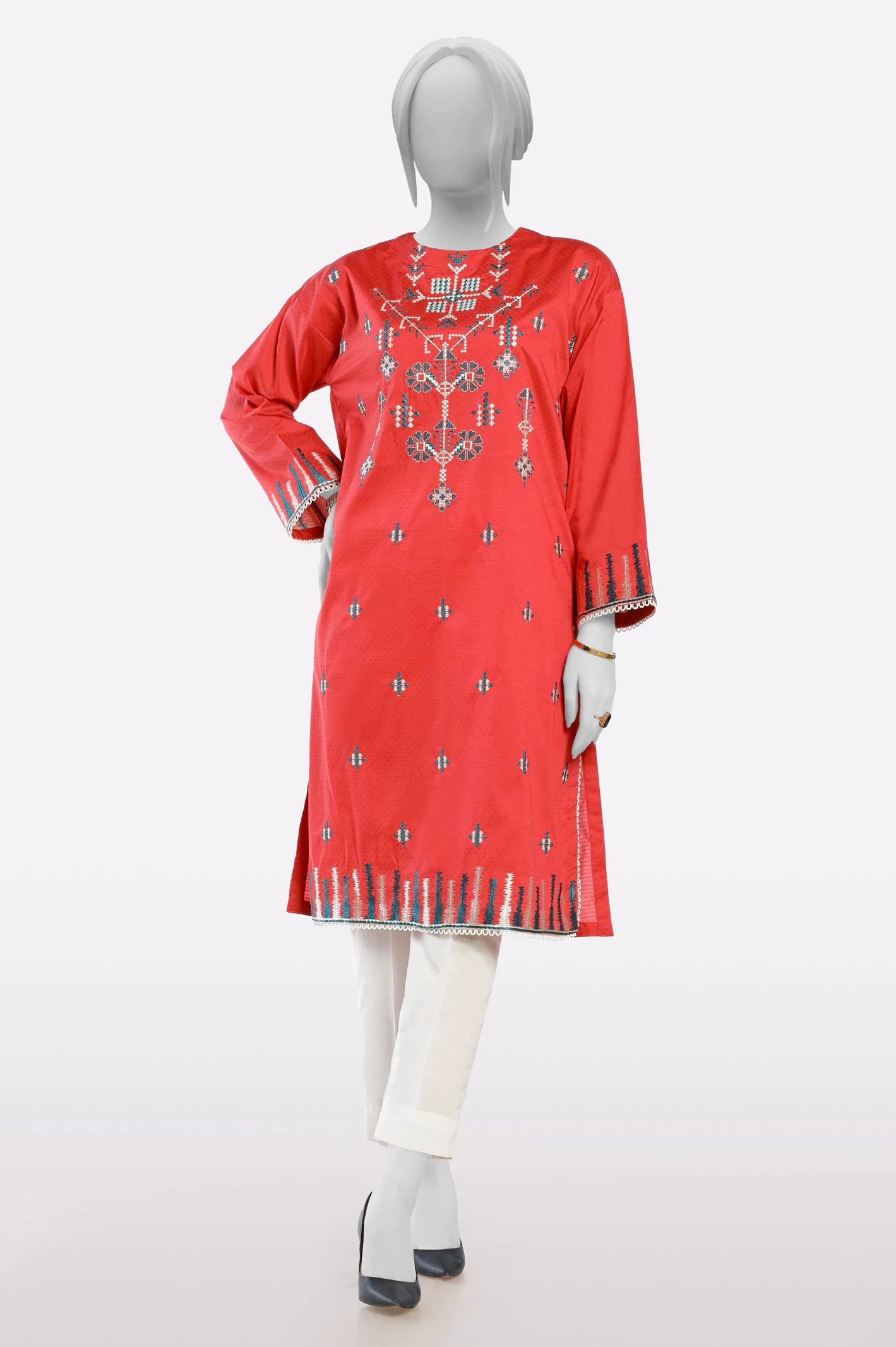 Chic And Trendy Coral Embroidered Kurti