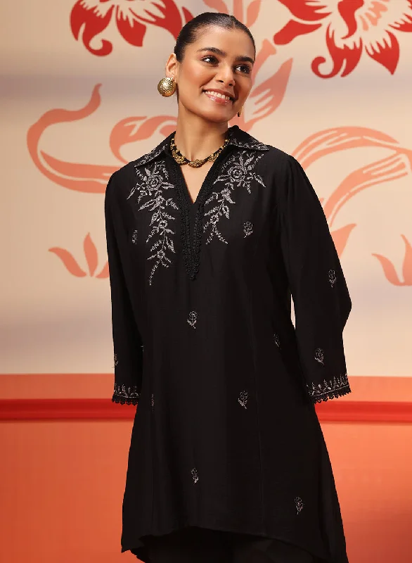 Affordable Luxury Fashion Niya Black Embroidered Cotton Linen Slub Long Kurti for Women