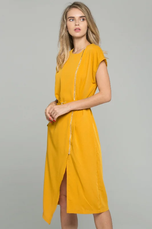 Classic Modern Offers Mustard Cotton Zipper Turn Down Collar Shift Belted Dress Shirt