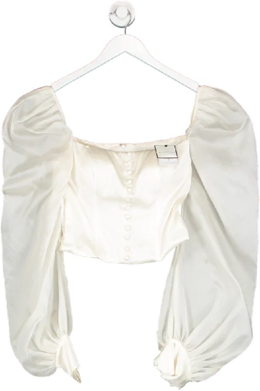 Luxury Fashion Discounts IVAN YOUNG White The Silk Gazar Puffy Sleeves Satin Top UK 8