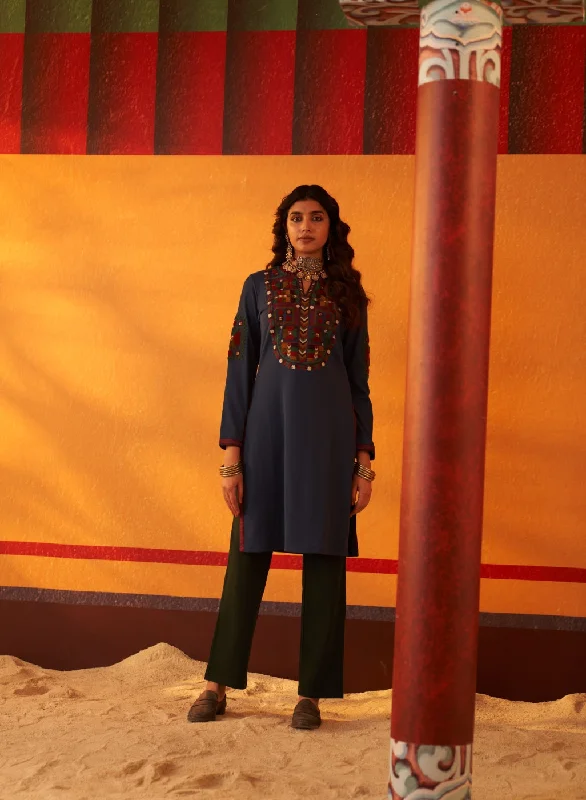 Elevated Casual Discounts Navy Blue Woollen Kurti for Women with Thread Work and Sequins