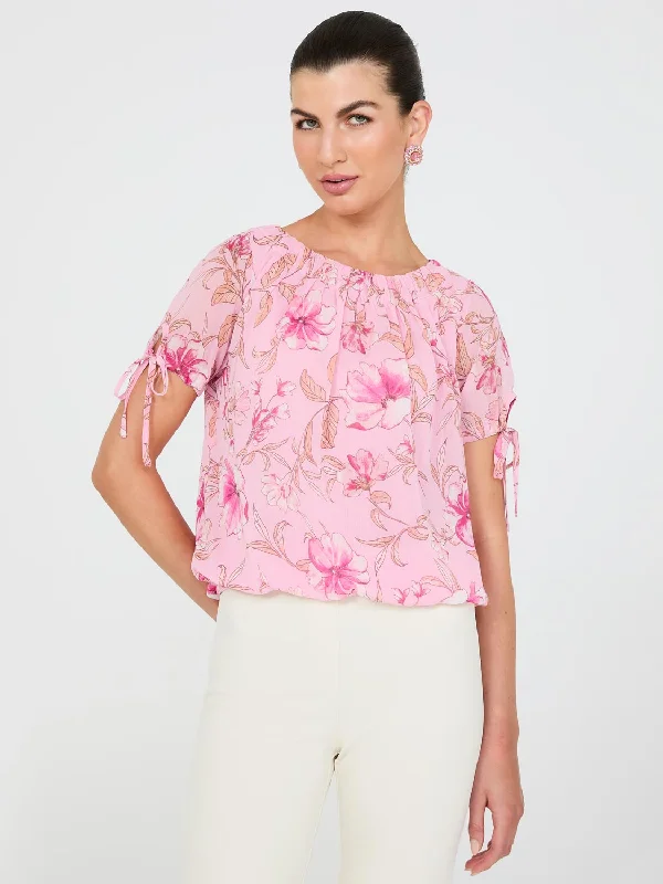 Hot Sale Floral Print Tie-Sleeve Top