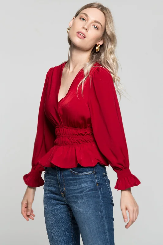 Unbeatable Deals Crimson Red Smocked Waist Peplum Top