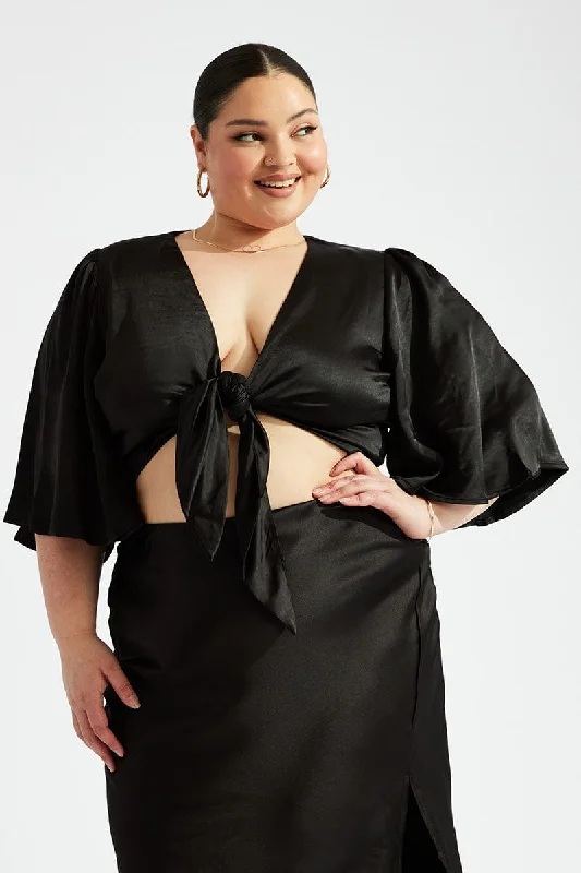 Unleash Your Trendy Side Black Tie Front Bolero Satin Flare Sleeve