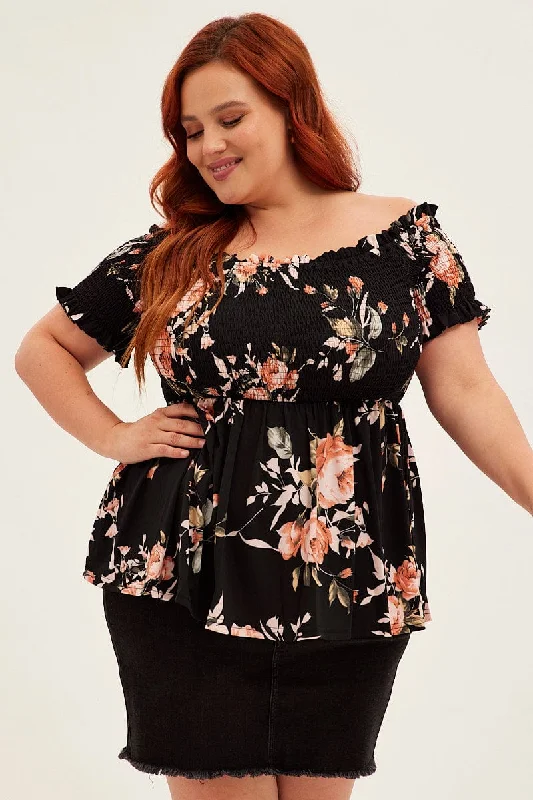 Discover Now Black Floral Bardot Top Floral Print