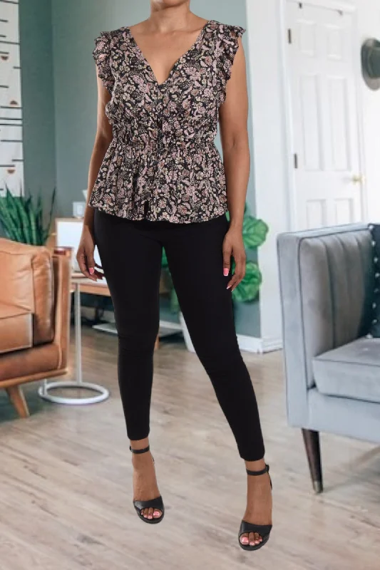 Classic Elegance Sales Black Floral  Flutter Sleeve Top