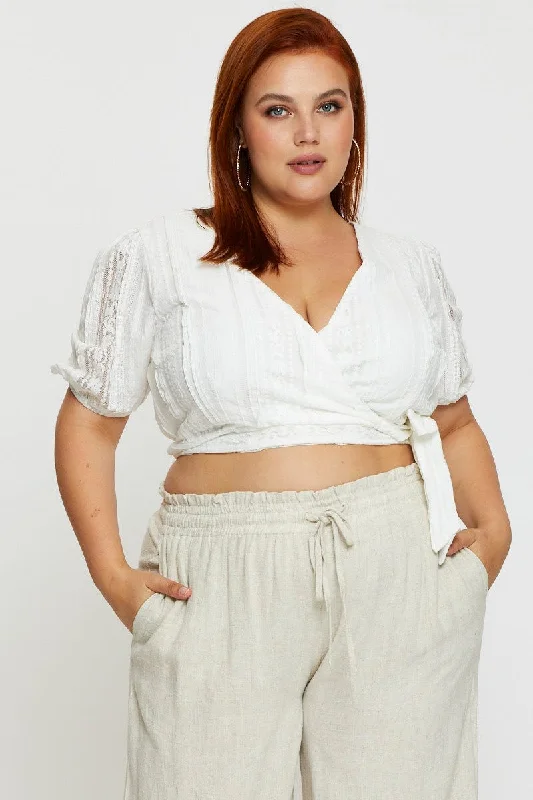 Hot Items White Peplum Top Lace Flutter Sleeve Wrap Front Tie