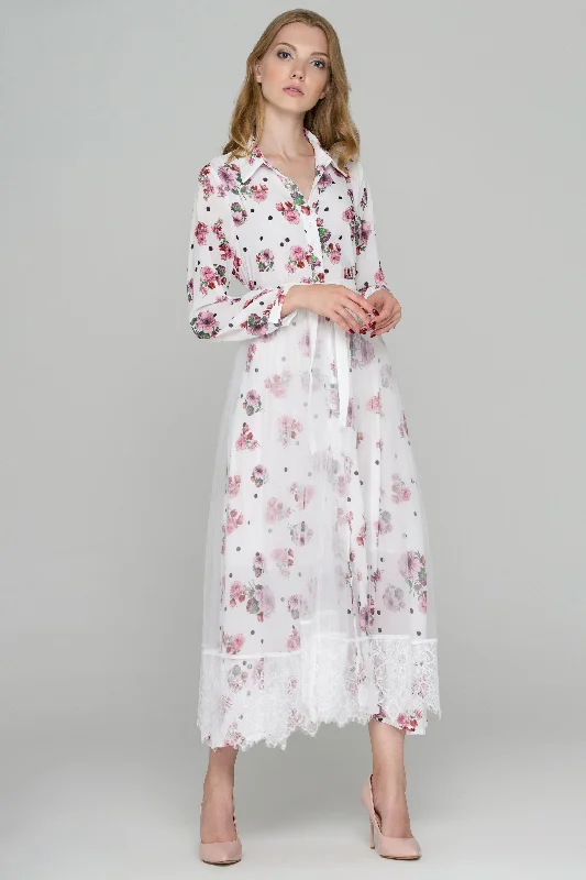 Hot Trends White Floral Dots Tulle Layer Maxi Shirt Dress