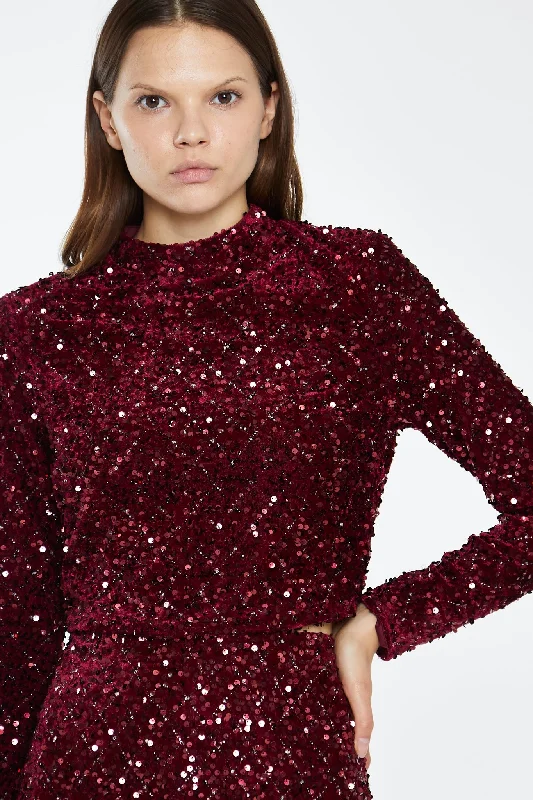 Seasonal Style Discounts Port-Red Velvet-Sequin High Neck -Top