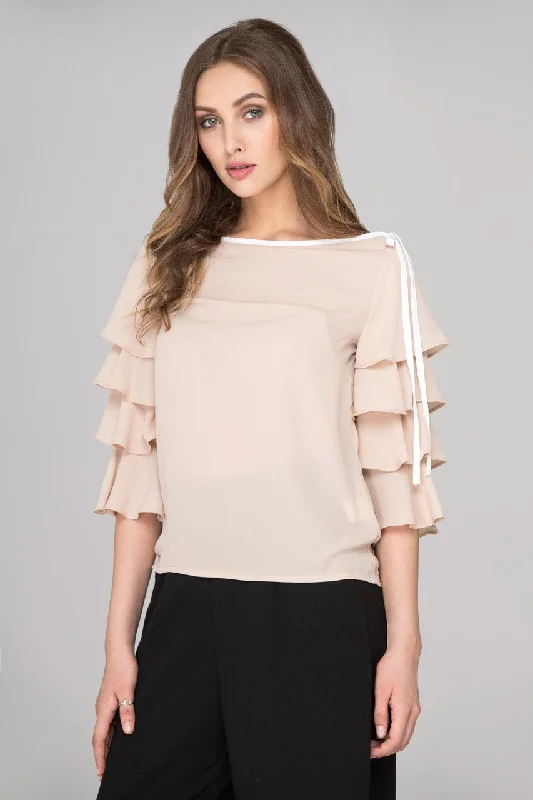 Casual Yet Chic Sales Nude Chiffon Tiered Ruffle Sleeve Top