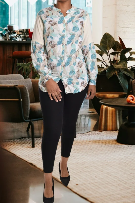 Fashion Forward Cream And Blue Flower Printed Shirt