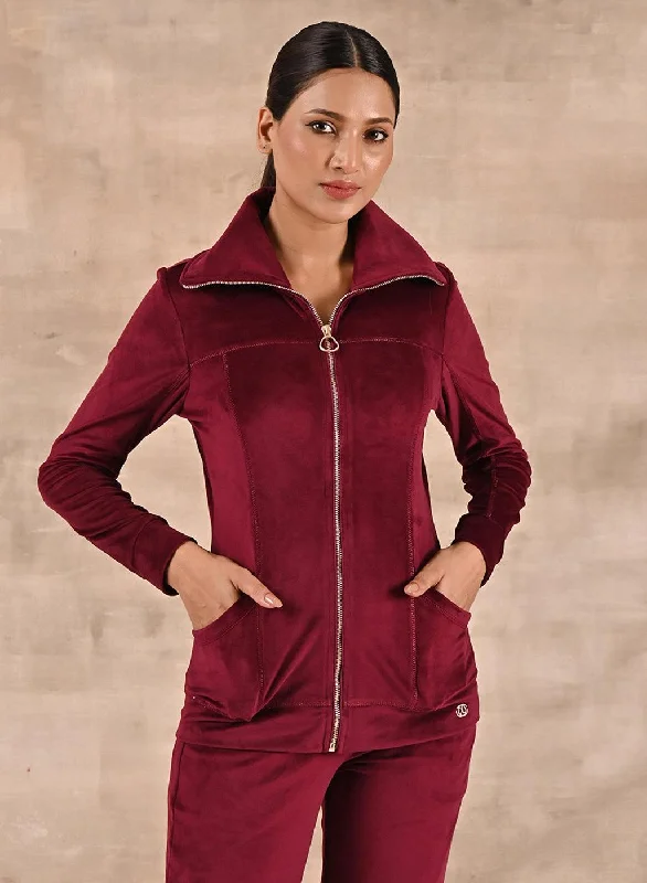 Seasonal Trends Maroon Track Suit with Spread Collar