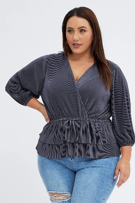 Classy Style Discounts Grey Plisse Frill Layer Top Tie Side
