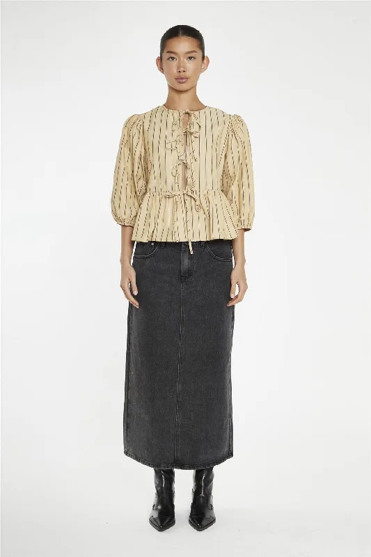 Romantic Chic Deals Beige-Brown Stipe Tie-Front Top